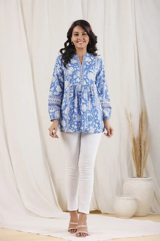 Women Blue Floral Print Mandarin Collar Cotton Top