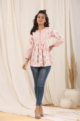 Women Peach Ethnic Motifs Printed Pure Cotton Kurti