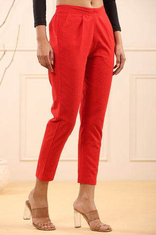 Stylish Red Cotton Pleated Cigarette Trousers