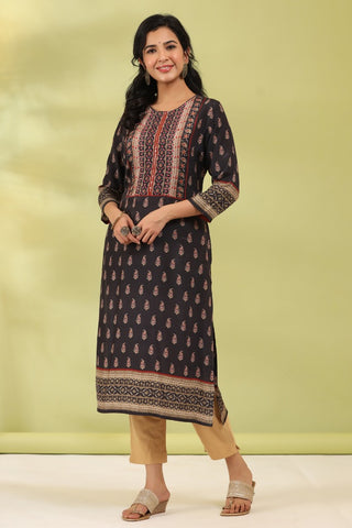 Women Black Digital Printed Mirror Work Straight Kurta