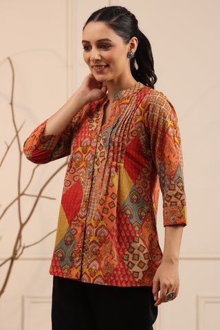 Women Rust & Mustard Abstract Print A-Line Cotton Kurti