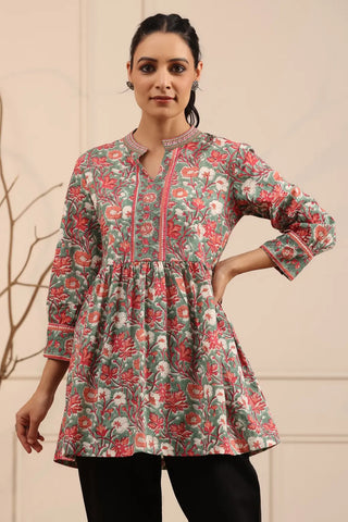 Women Olive green & Pink Floral Printed A line Pure Cotton Kurti