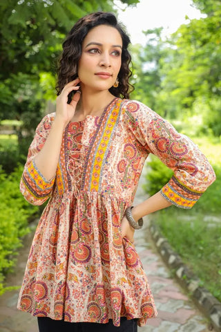 Women Beige Ethnic Motifs Printed Cotton Empire Top