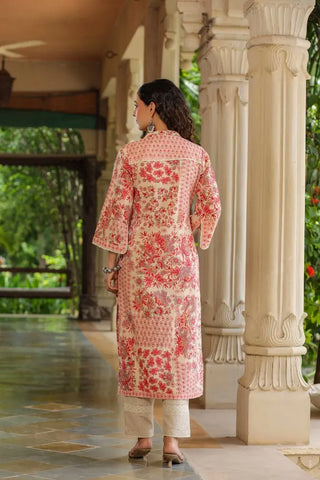 Women Peach Floral Printed Pintucks Kurta