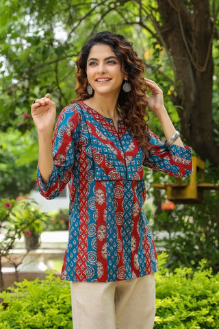 Women Blue Ethnic Motifs Printed Pure Cotton Kurti