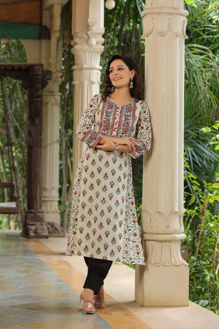 Women Cream Mix & Match Printed Panelled A-line Kurta