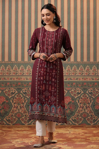 Women Maroon Digital Printed Pure Cotton Straight Kurta