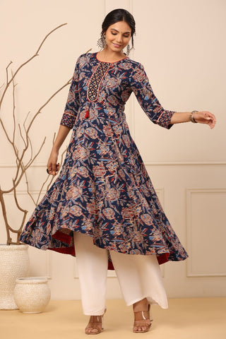 Women Navy Blue Ethnic Motifs Printed Aline Kurta