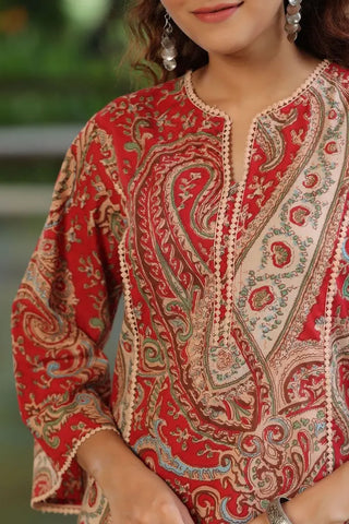 Women Red Paisley Prented Pure Cotton A-line Kurta