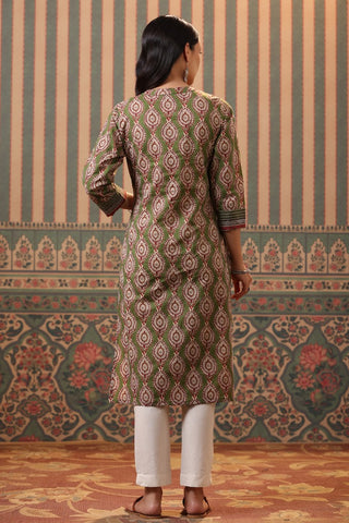 Women Green Ethnic Motifs Printed Cotton Straight Kurta