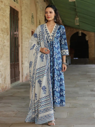 Women Indigo Blue Printed A-line Kurta With Hand Block Printed Dupatta and Printed Trouser