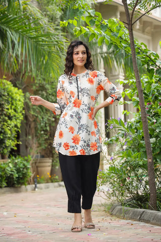 Cream & Orange Floral Lace Kurti