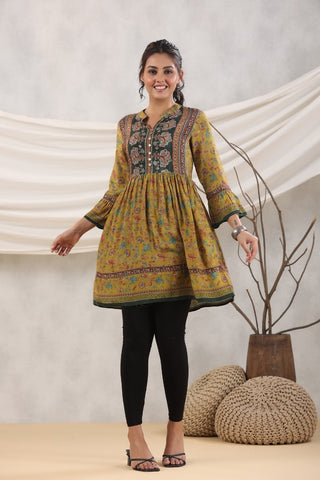 Women Mustard Ethnic Motifs Printed A-Line Kurti