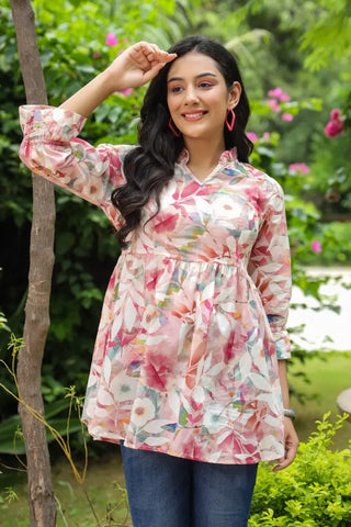 Women Peach Color Floral Printed A-line Kurti