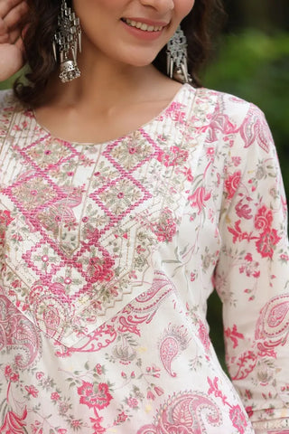 Women Cream and Pink Embroidered Pure Cotton Straight Kurta With Salwar