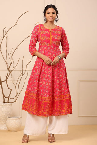 Women Fuchsia Ethnic Motifs Printed Anarkali Kurta