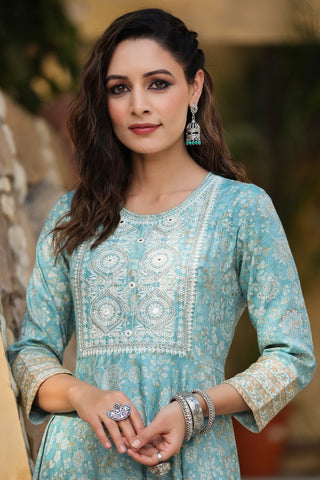 Women Sea Green Ethnic Motifs Printed Pure Cotton Anarkali Kurta