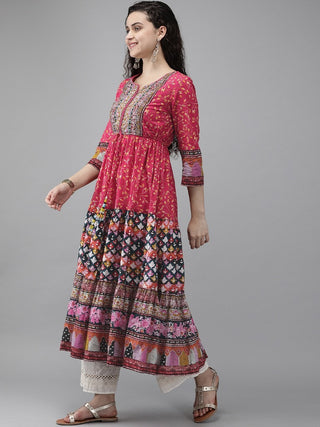 Women Pink Printed Pure Cotton Anarkali Kurta