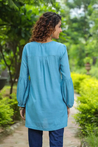 Women Blue Solid Embroidered A-Line Kurti