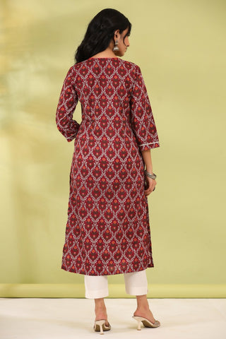 Women Maroon Ethnic Printed Pure Cotton Straight Kurta