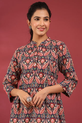 Women Blue and Red Paisley Printed A-Line Kurti