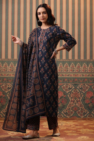 Women Blue Ethnic Printed Pure Cotton Kurta Set