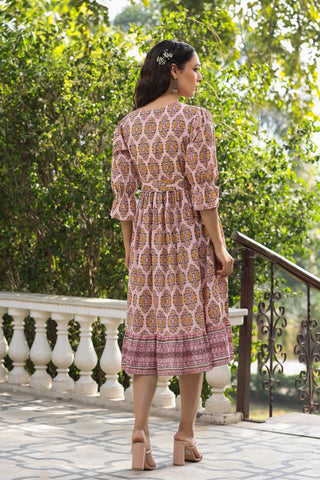 Women Pink Ethnic Motifs Printed Tie Up Pure Cotton Wrap Dress