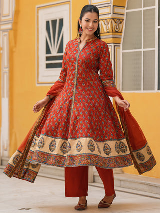 ethnic print cotton anarkali kurta set