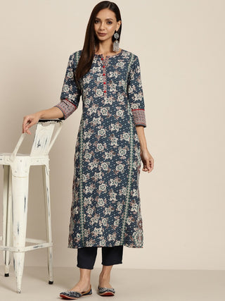 Women Navy Blue Pure Cotton Floral Print Straight Kurta