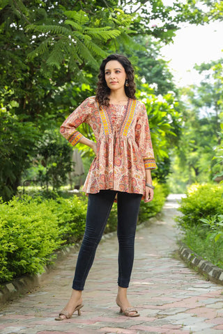 Women Beige Ethnic Motifs Printed Cotton Empire Top