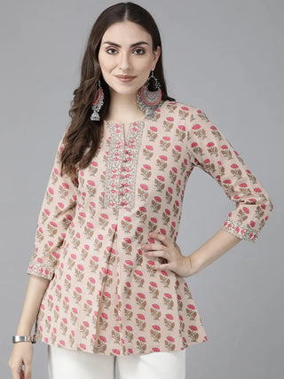 Women Floral Printed Sequinned Cotton A-Line Kurti