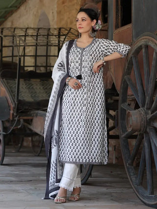 Women Black-Coloured Ethnic Motifs Printed Sequinned Pure Cotton Kurta with Trousers And Printed Dupatta