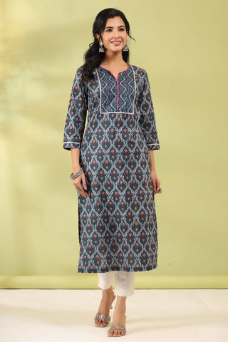 Women Blue Ethnic Printed Gotta Patti Straight Kurta