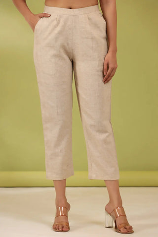 Women Textured Cotton Pleated Cigarette Trousers