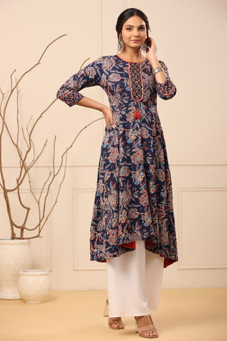 Women Navy Blue Ethnic Motifs Printed Aline Kurta