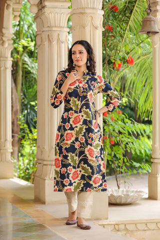 Women Navy Blue Floral Printed Mandarin Collar Pure Cotton Straight Kurta