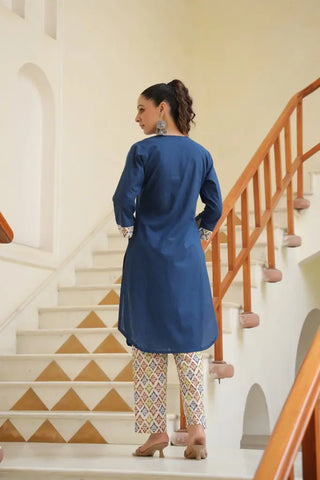 Women Navy Blue Solid Kurta with Printed Trouser