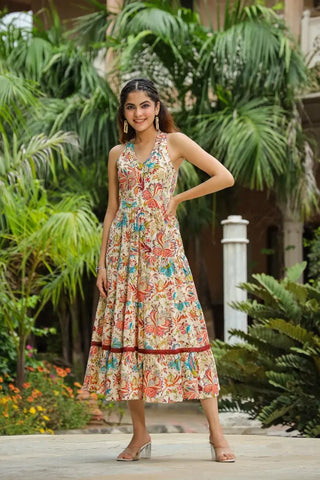 Women Multi-Coloured Floral Printed Flared Ethnic Dress