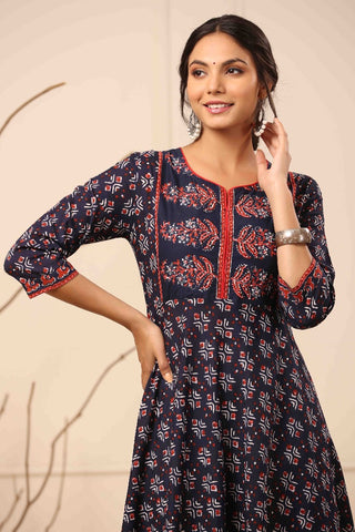 Women Navy Blue Ethnic Motifs Printed Anarkali Kurta