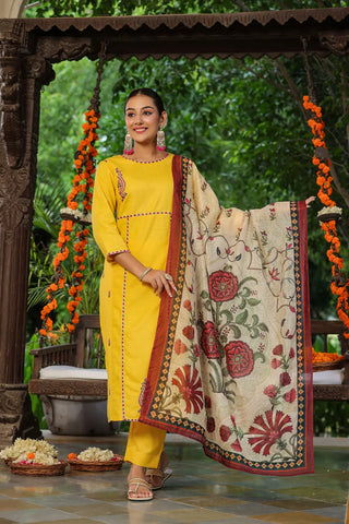 Women Yellow Embroidery Ethnic Motifs Printed Kurta Set