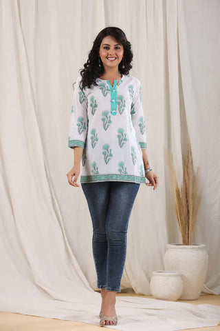 Women Teal & White Floral Printed Pure Cotton Kurti