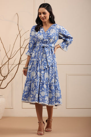 Women Blue and White Floral Fit & Flare Dress