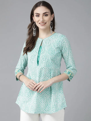 Women Sea Green & White Ethnic Motifs Printed Sequinned Pure Cotton Kurti