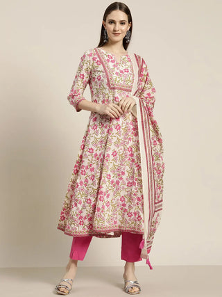 Women Pink Floral Printed Cotton Kurta with Trousers and Printed Dupatta