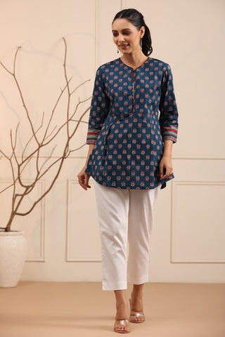 Women Navy Blue Ethnic Motifs Printed A-Line Kurti