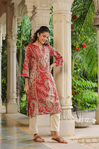 Women Red Paisley Prented Pure Cotton A-line Kurta