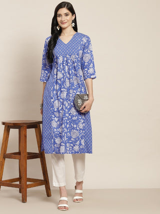 Women Blue Ethnic Motifs Printed Pure Cotton A line Kurta