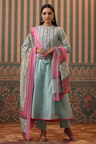 Women Pista Panelled Mirror Work Chanderi Anarkali Kurta Set