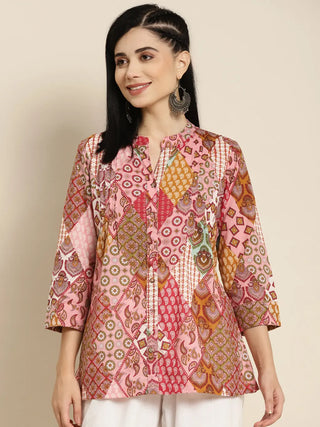 Women Peach & Yellow Abstract Printed Pure Cotton Kurti