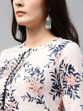 Women Peach Floral Printed Pure Cotton A-Line Kurti